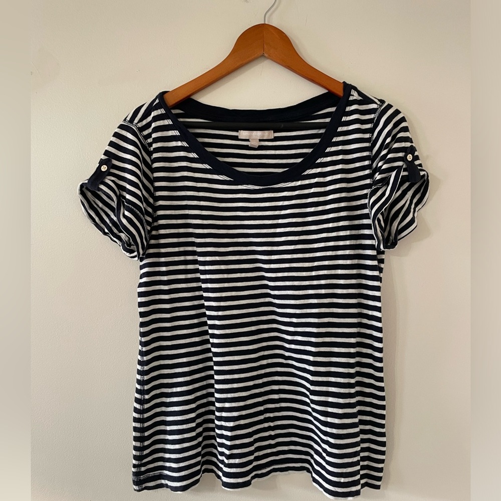 Navy striped Nautical Scoop Neck Cotton Teeshirt L Banana Republic - Picture 2 of 5